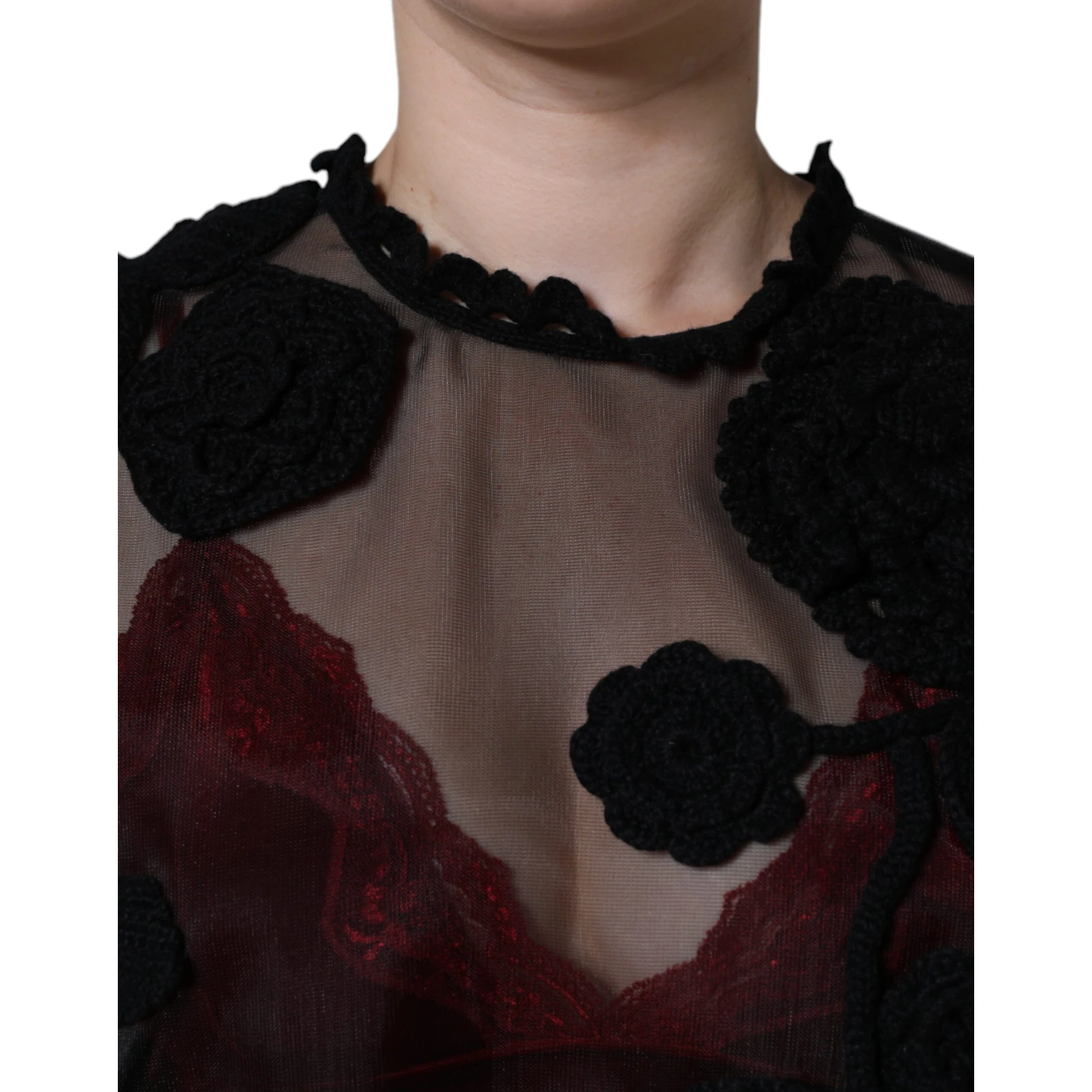 Black Nylon Mesh Transparent Floral Blouse