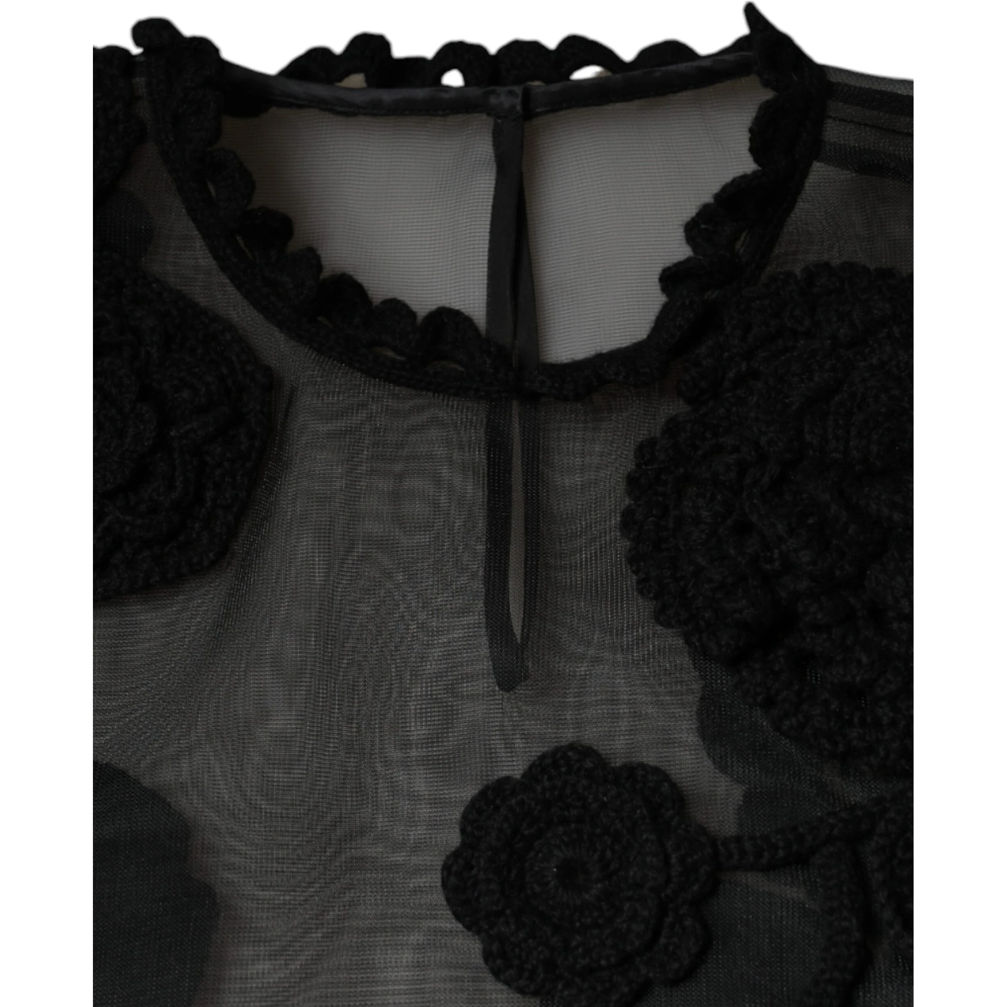 Black Nylon Mesh Transparent Floral Blouse