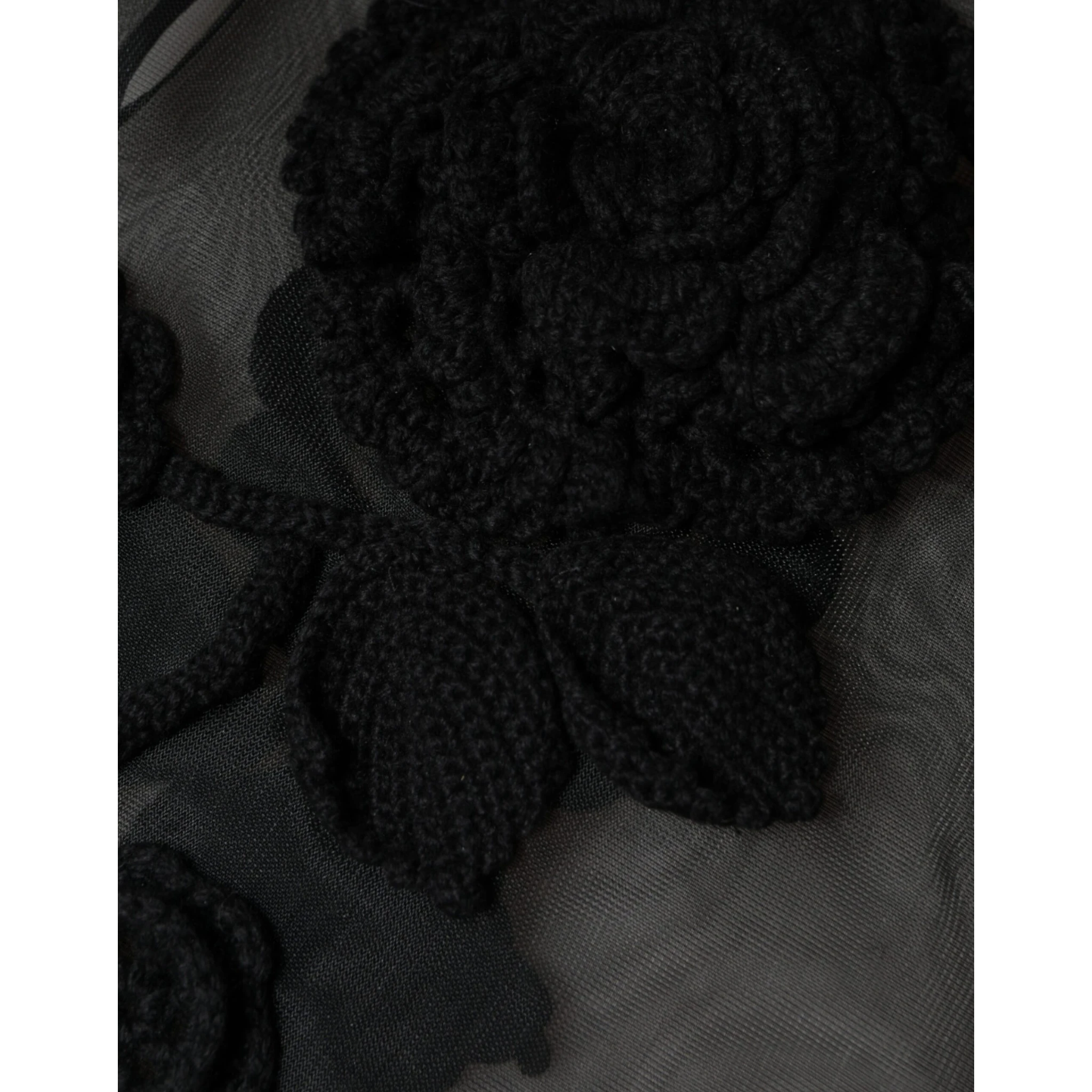 Black Nylon Mesh Transparent Floral Blouse