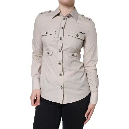 Beige Cotton Collared Button Down Shirt Top