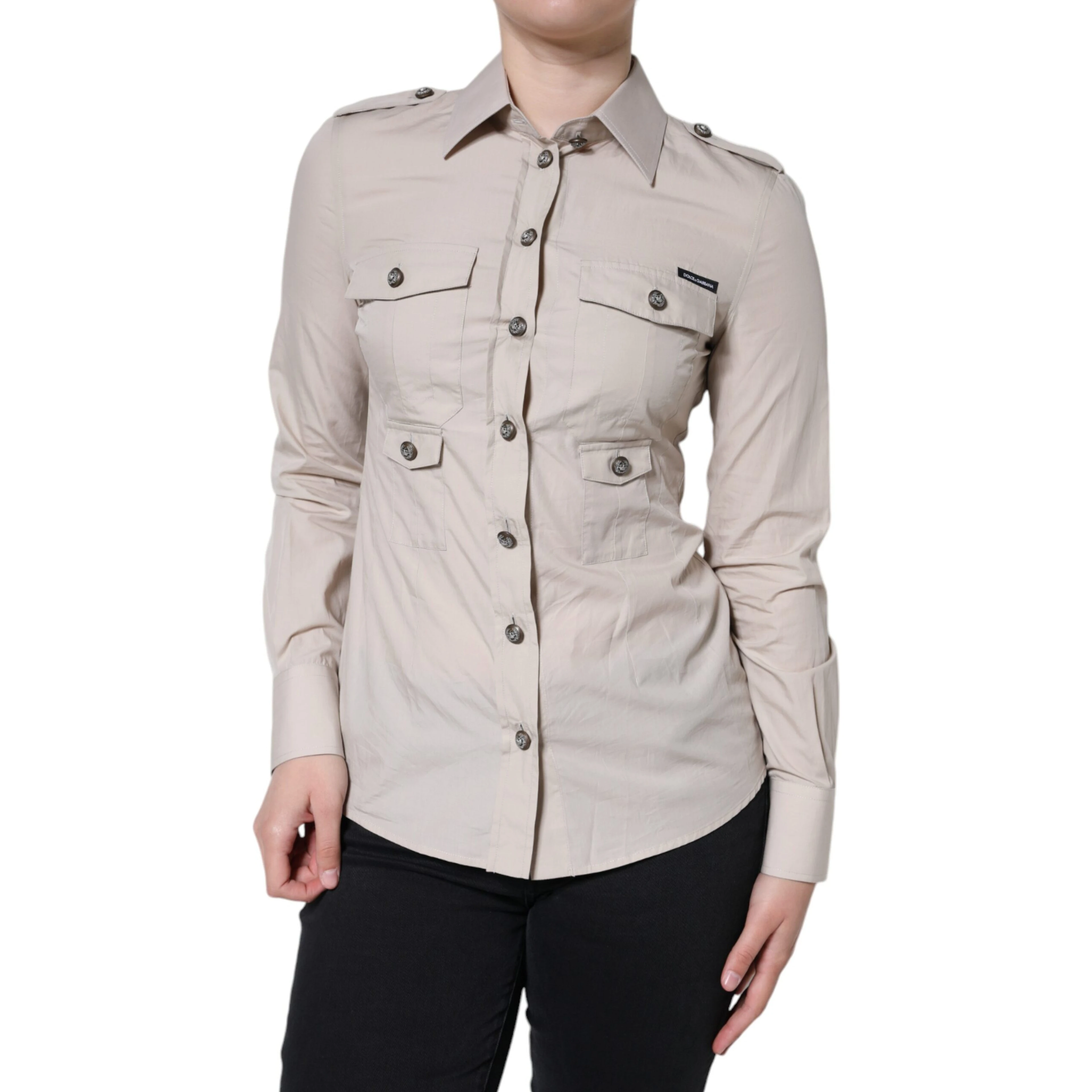 Beige Cotton Collared Button Down Shirt Top