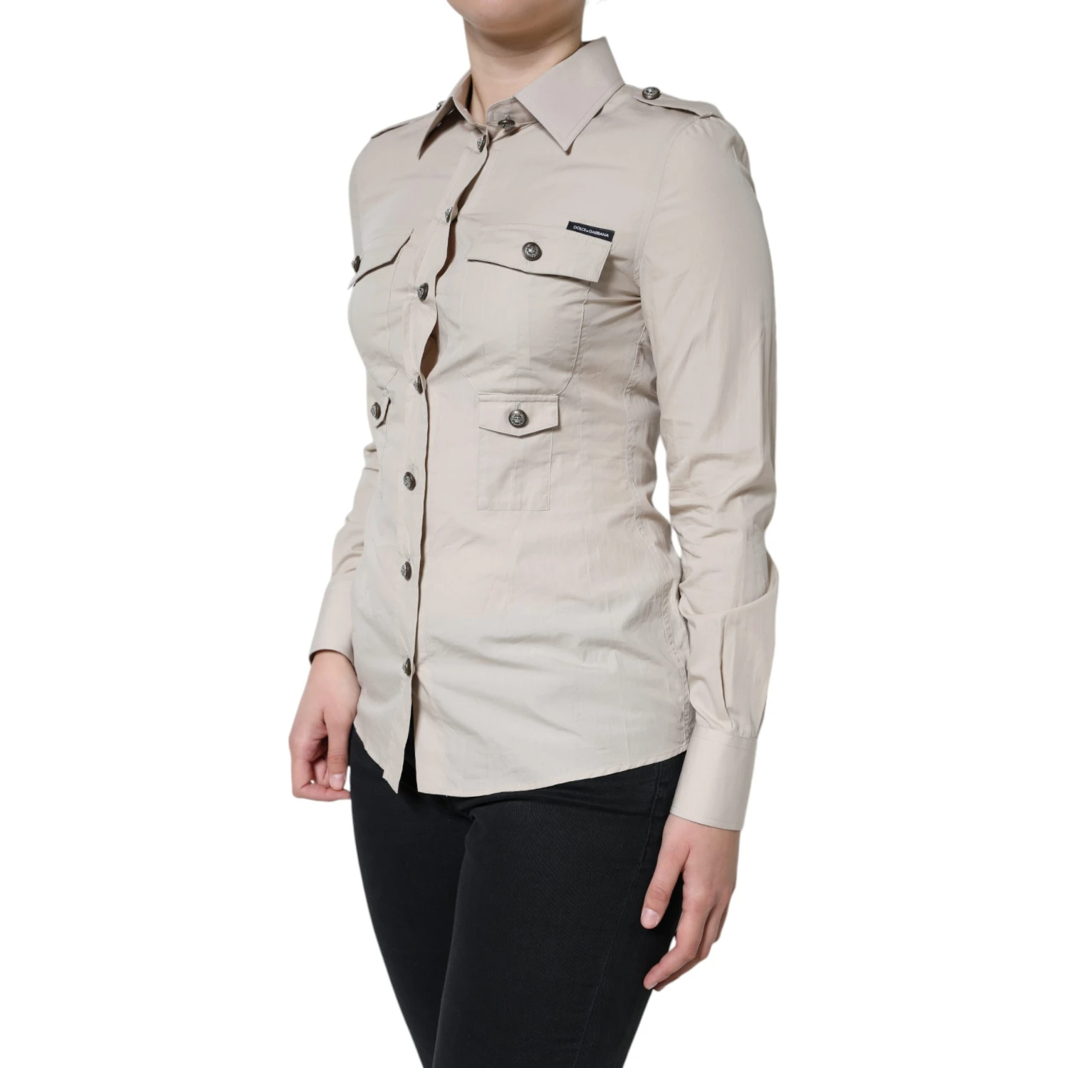 Beige Cotton Collared Button Down Shirt Top