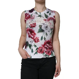 White Floral Lace Silk Sleeveless Tank Top