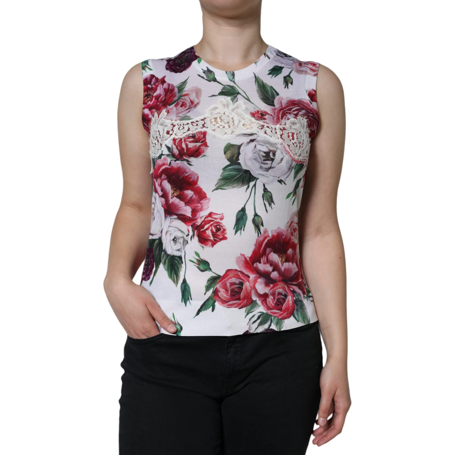 White Floral Lace Silk Sleeveless Tank Top