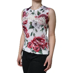 White Floral Lace Silk Sleeveless Tank Top