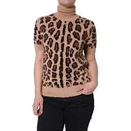 Beige Leopard Print Wool Turtleneck Top