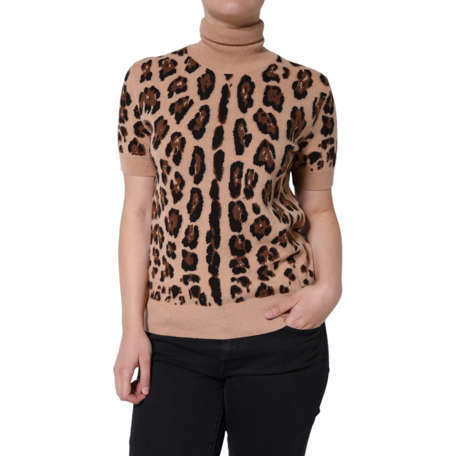 Beige Leopard Print Wool Turtleneck Top