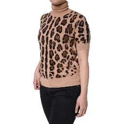 Beige Leopard Print Wool Turtleneck Top