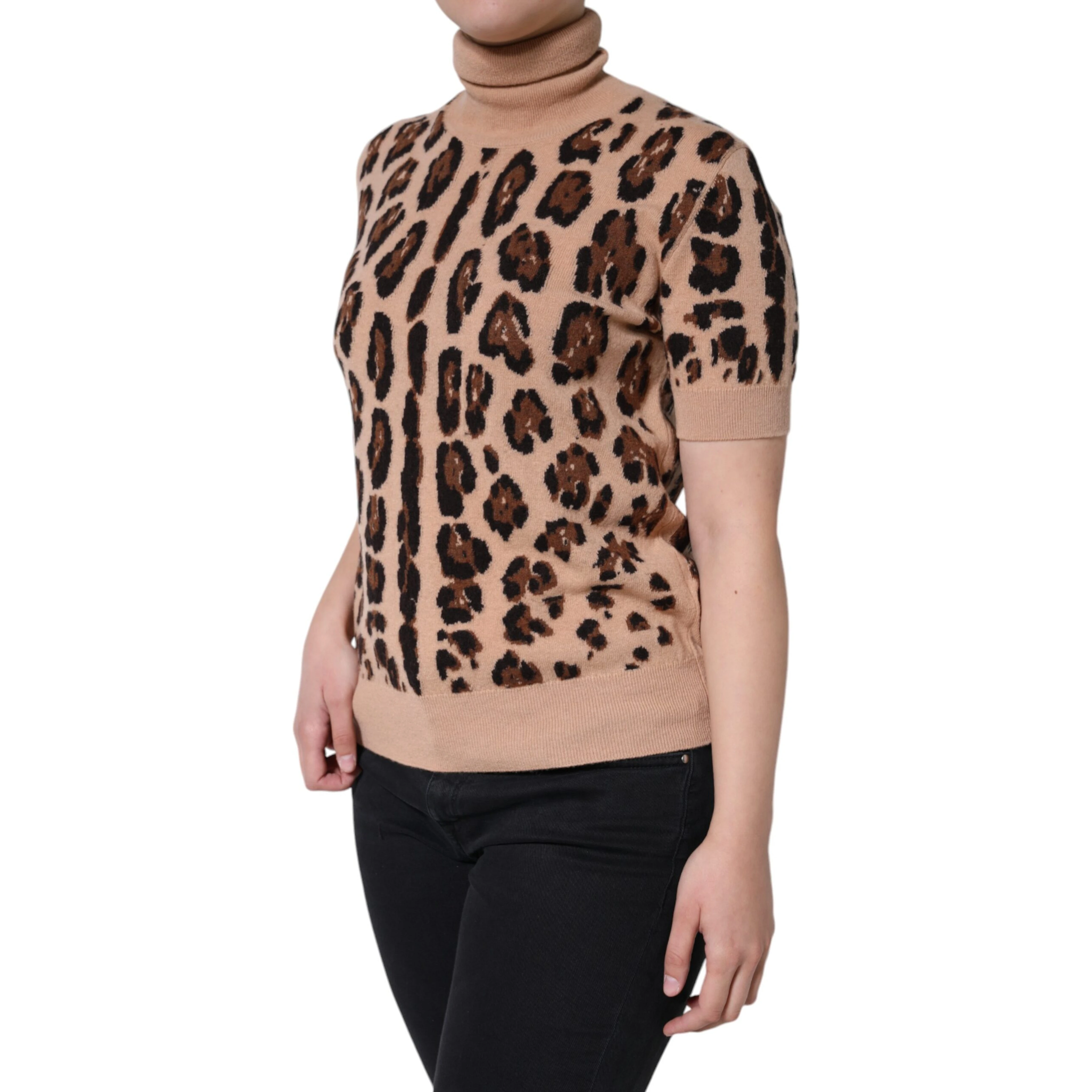 Beige Leopard Print Wool Turtleneck Top
