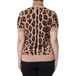 Beige Leopard Print Wool Turtleneck Top
