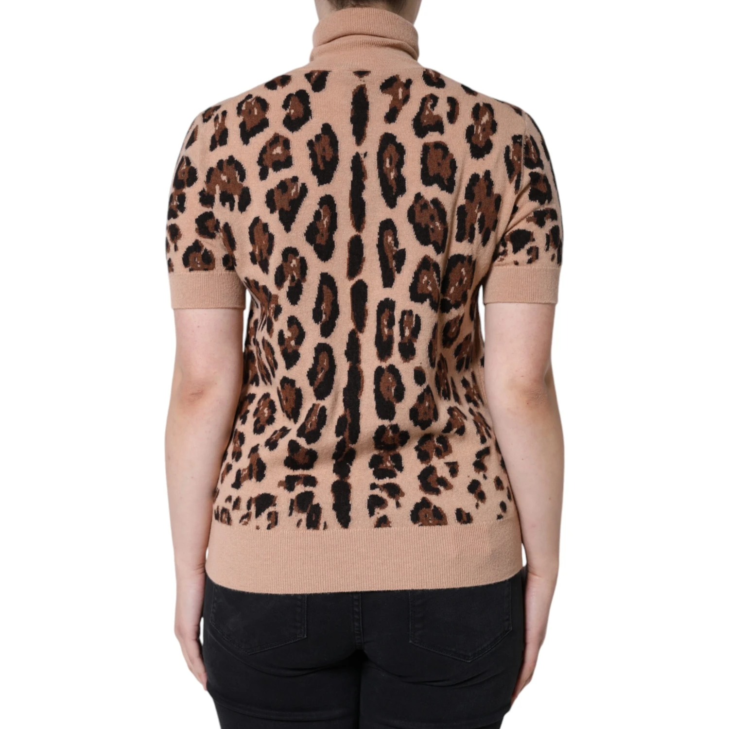 Beige Leopard Print Wool Turtleneck Top