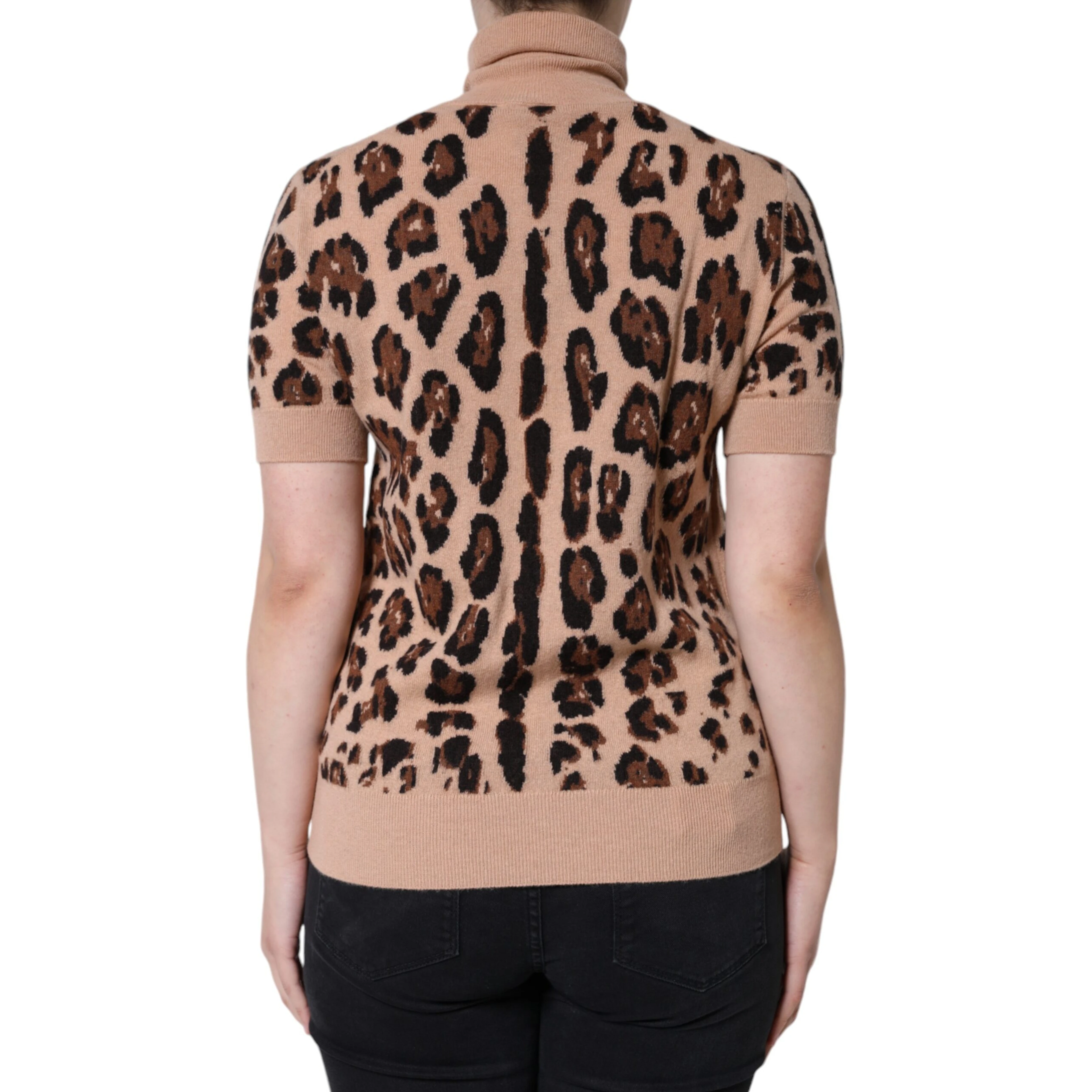 Beige Leopard Print Wool Turtleneck Top