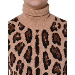 Beige Leopard Print Wool Turtleneck Top