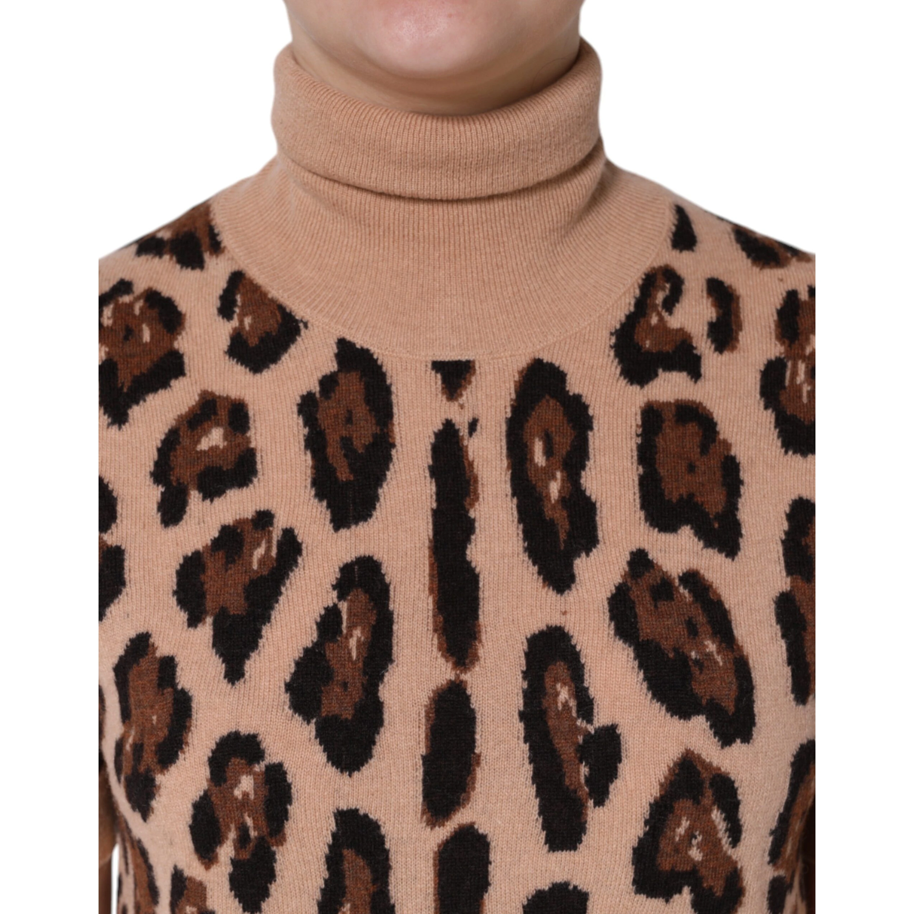 Beige Leopard Print Wool Turtleneck Top
