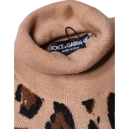 Beige Leopard Print Wool Turtleneck Top