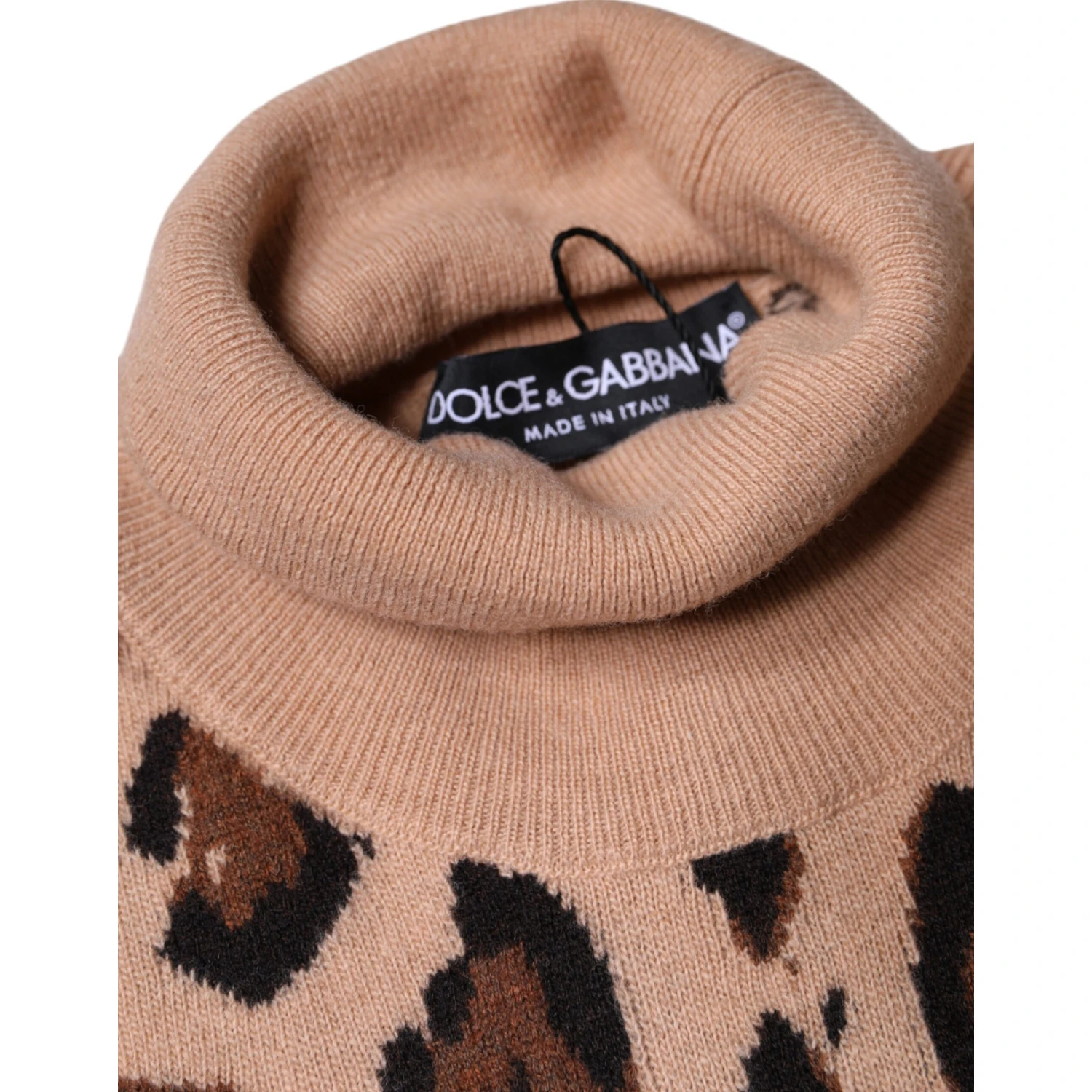 Beige Leopard Print Wool Turtleneck Top