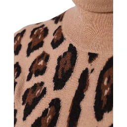 Beige Leopard Print Wool Turtleneck Top