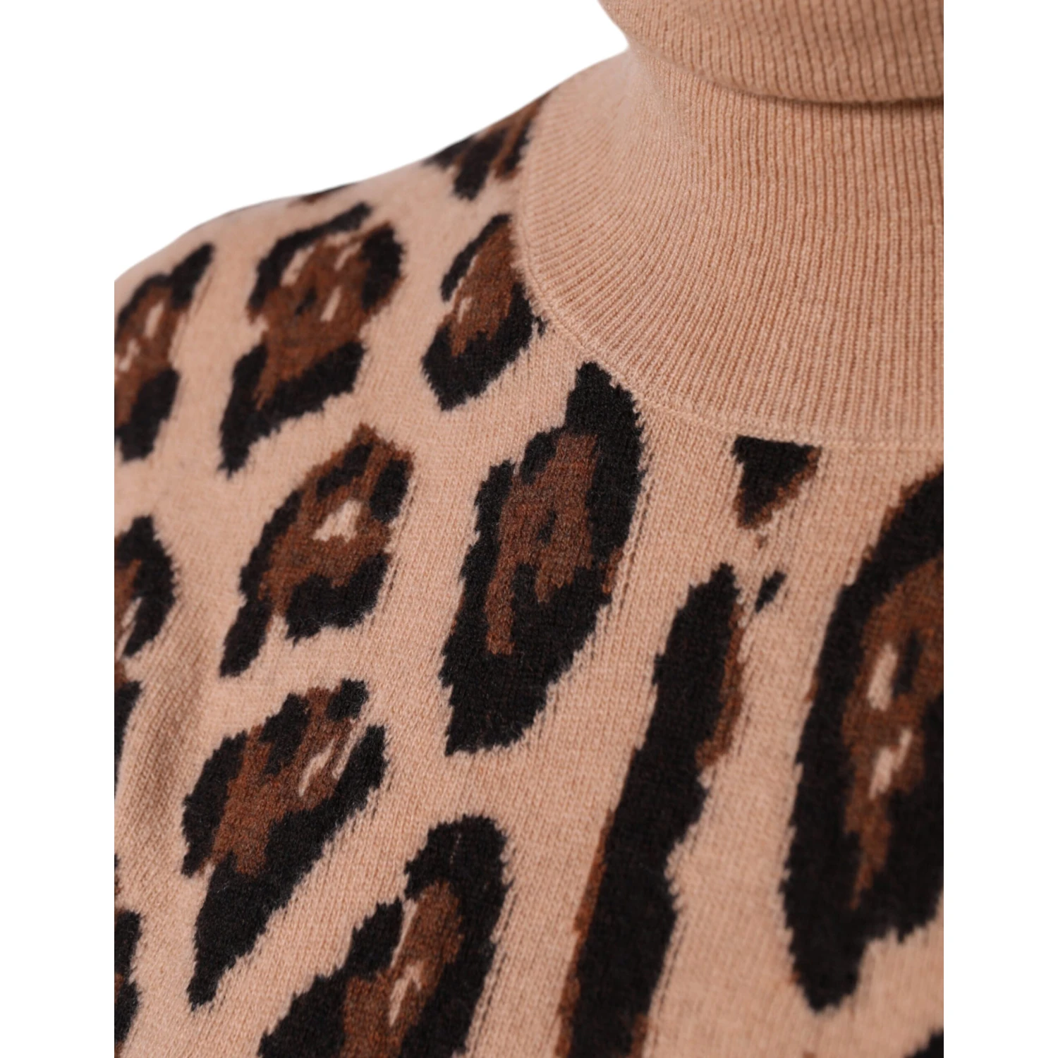 Beige Leopard Print Wool Turtleneck Top