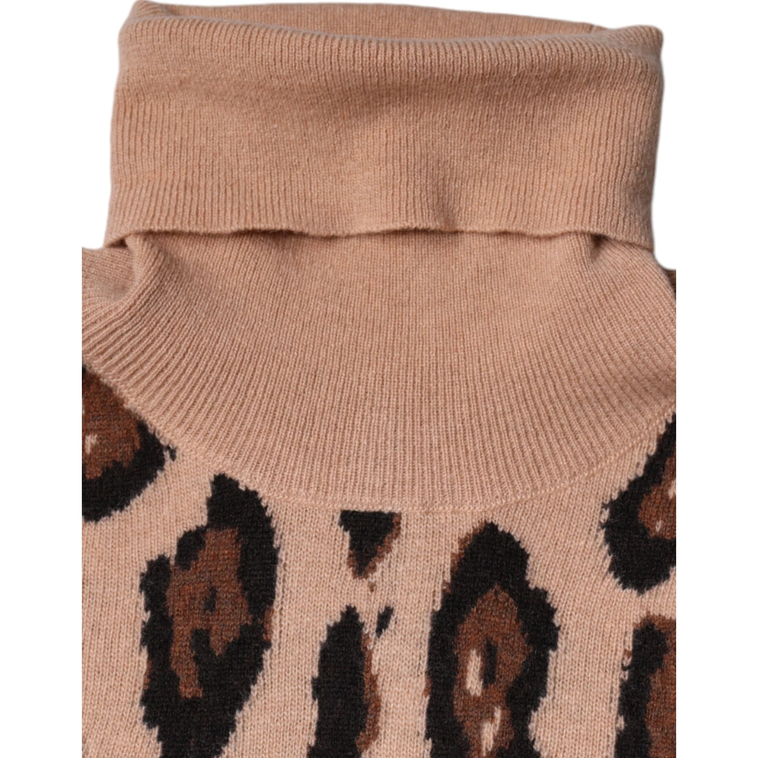 Beige Leopard Print Wool Turtleneck Top
