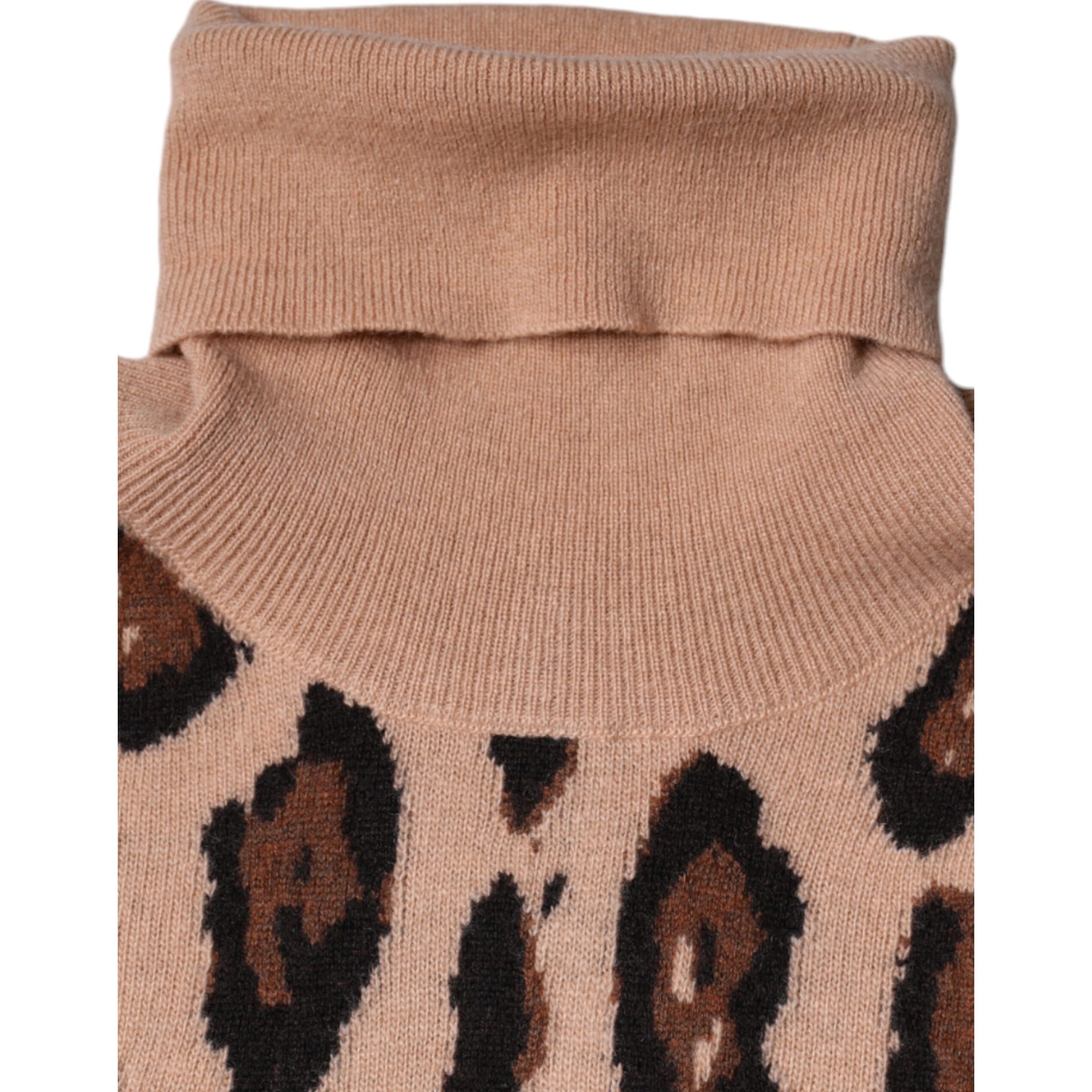 Beige Leopard Print Wool Turtleneck Top