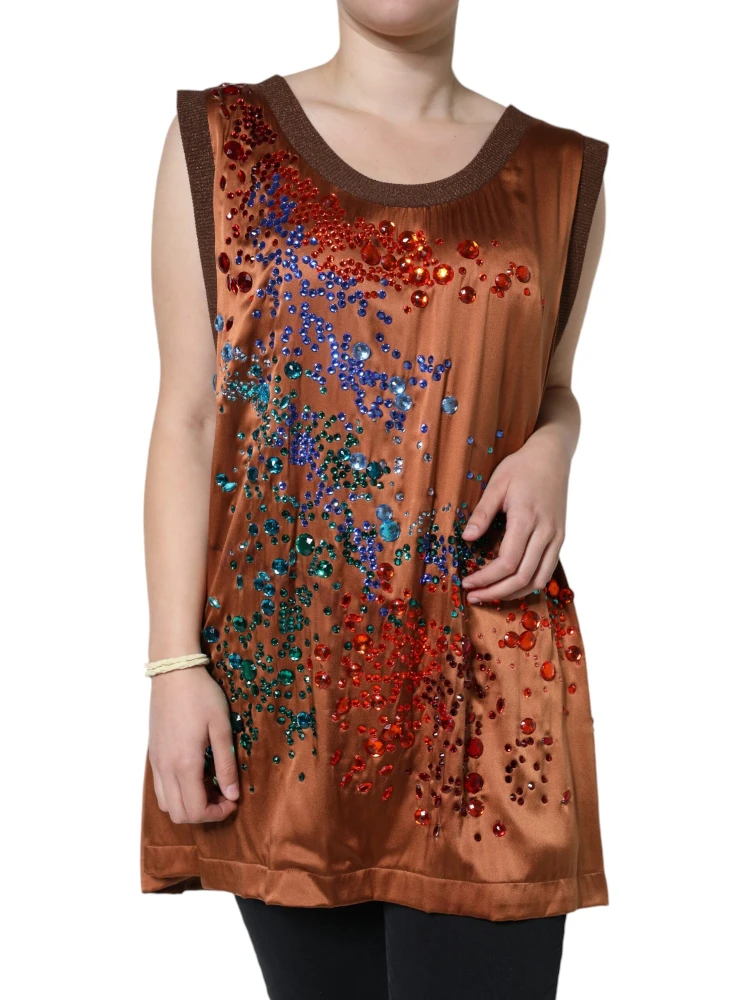 Brown Crystal Embellished Sleeveless Tank Top