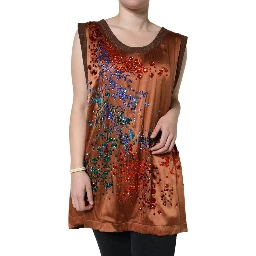 Brown Crystal Embellished Sleeveless Tank Top