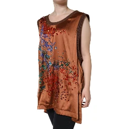Brown Crystal Embellished Sleeveless Tank Top