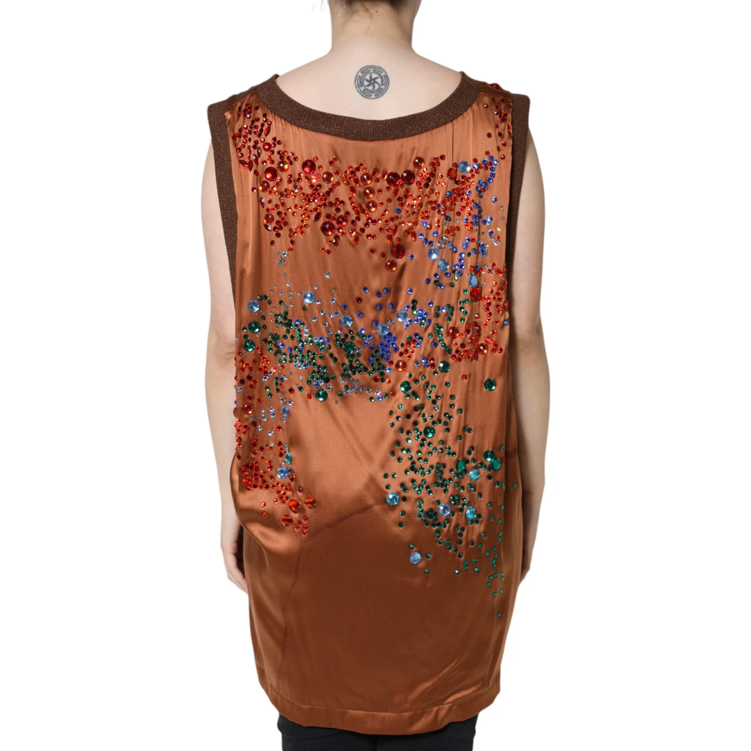 Brown Crystal Embellished Sleeveless Tank Top