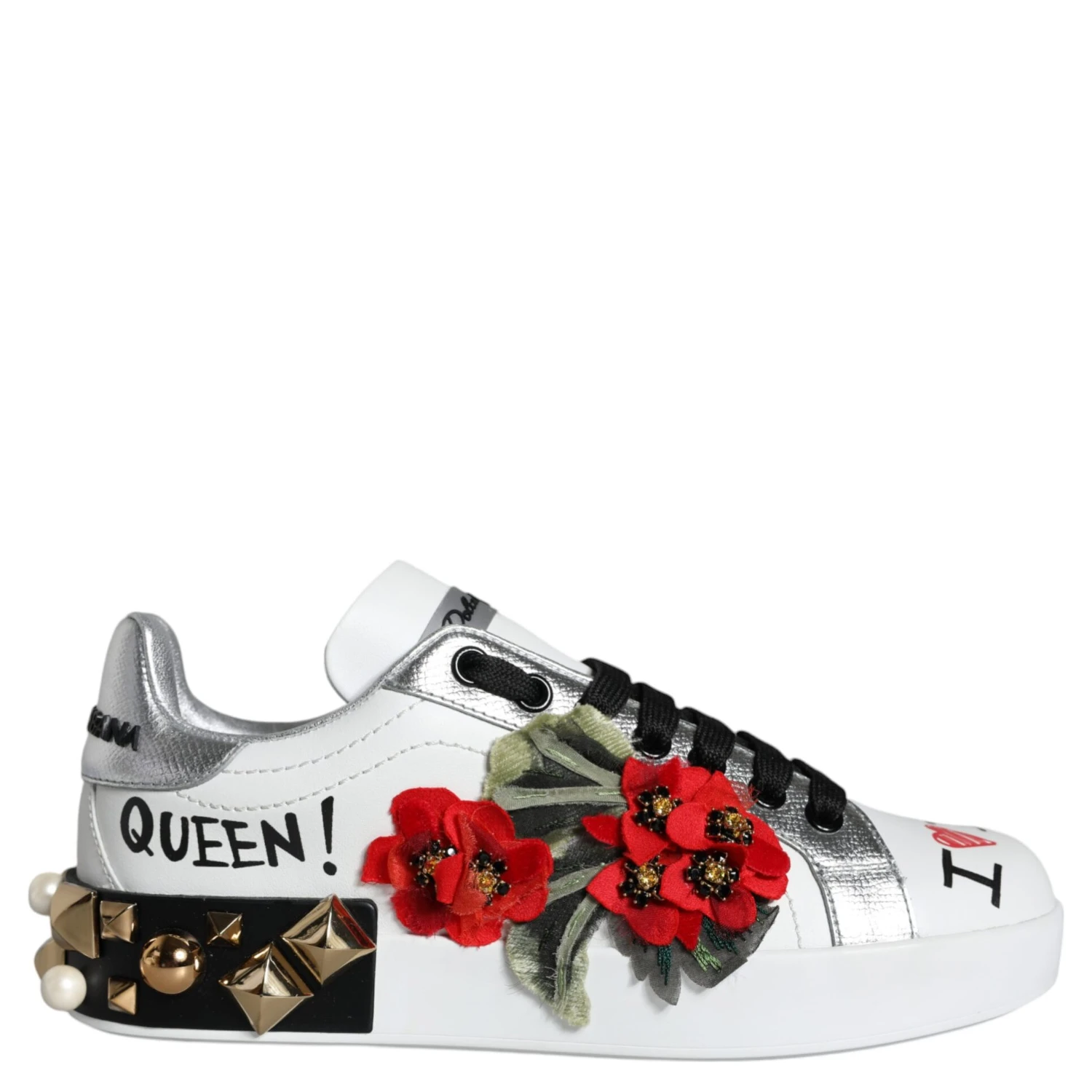 White Leather Floral Studded Sneakers Shoes