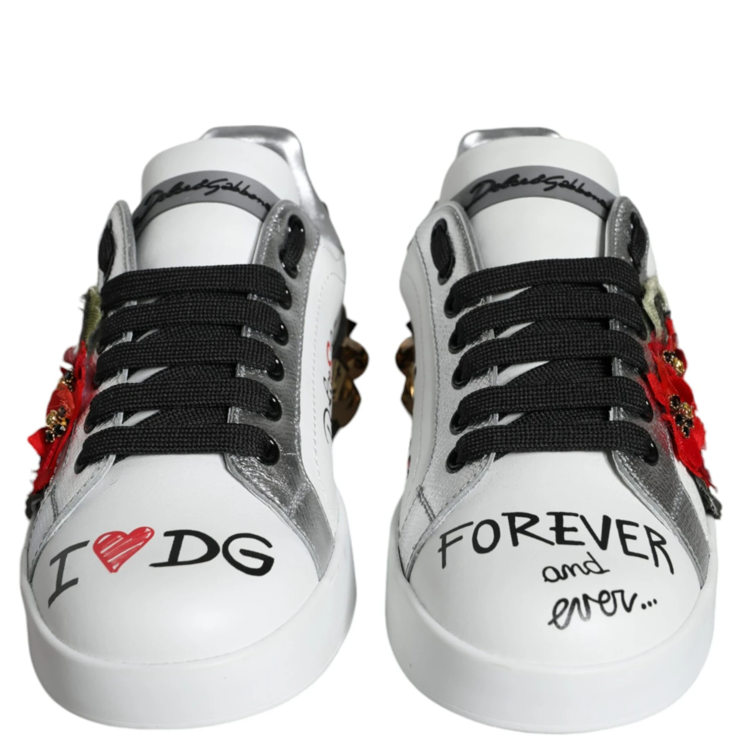 White Leather Floral Studded Sneakers Shoes