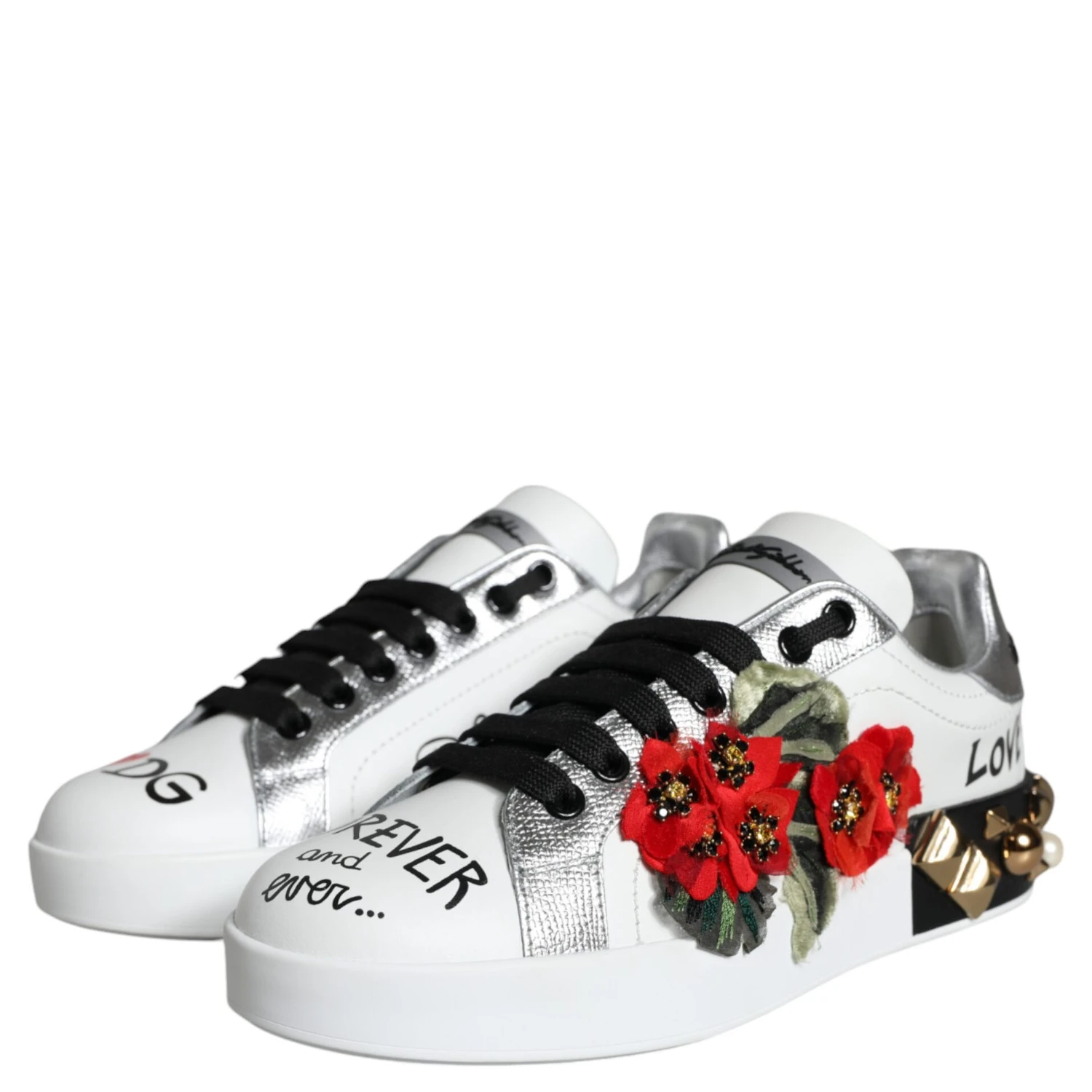 White Leather Floral Studded Sneakers Shoes