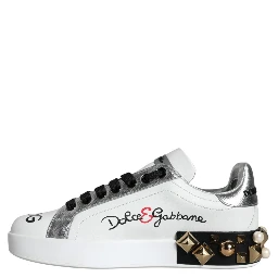 White Leather Floral Studded Sneakers Shoes