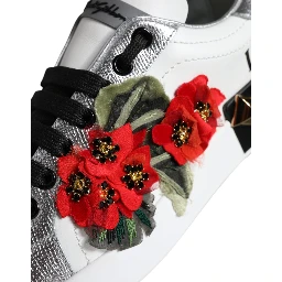 White Leather Floral Studded Sneakers Shoes