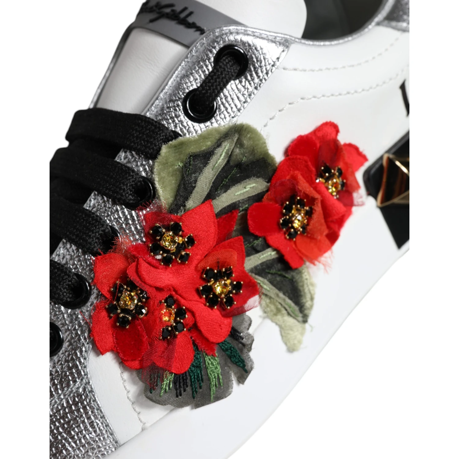 White Leather Floral Studded Sneakers Shoes