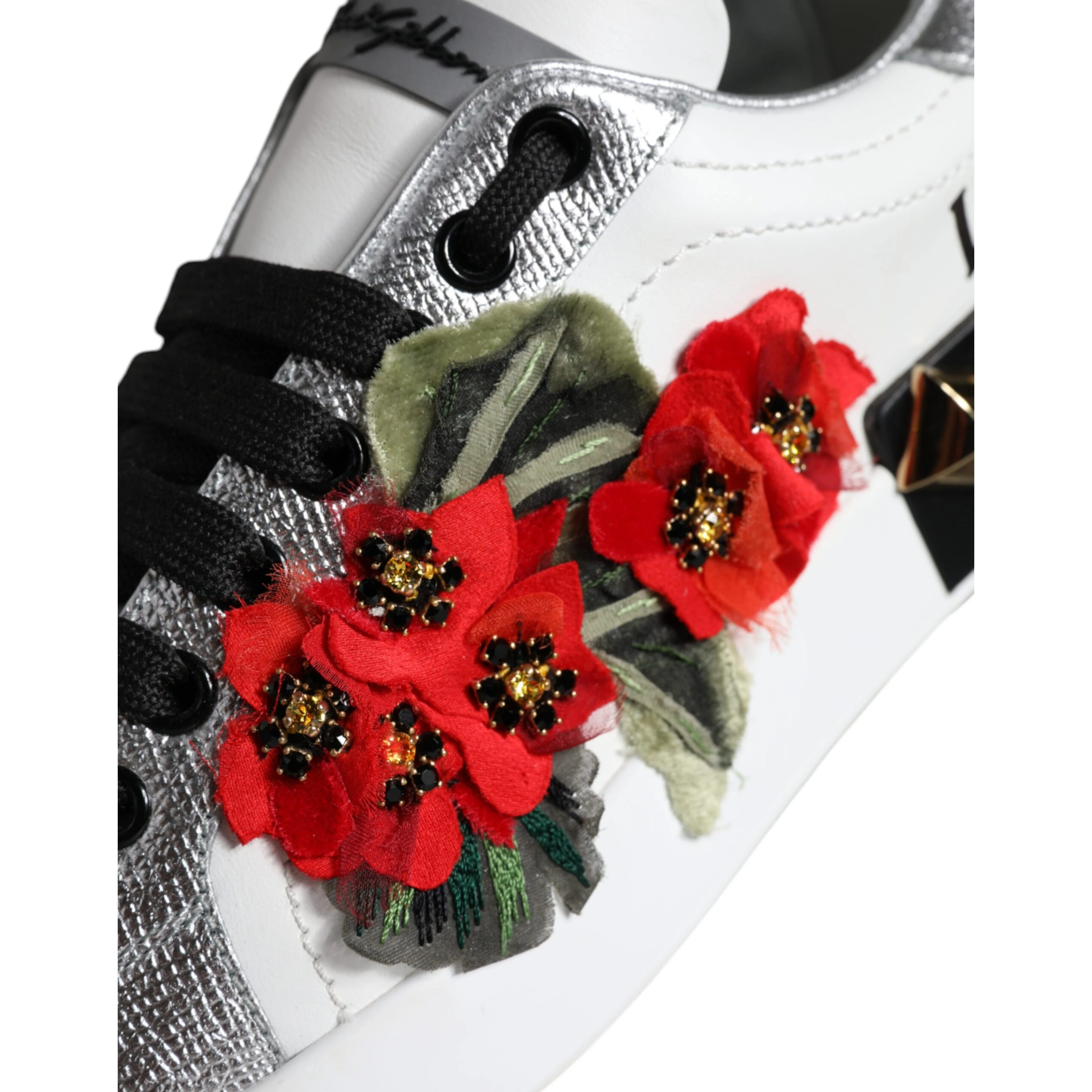 White Leather Floral Studded Sneakers Shoes