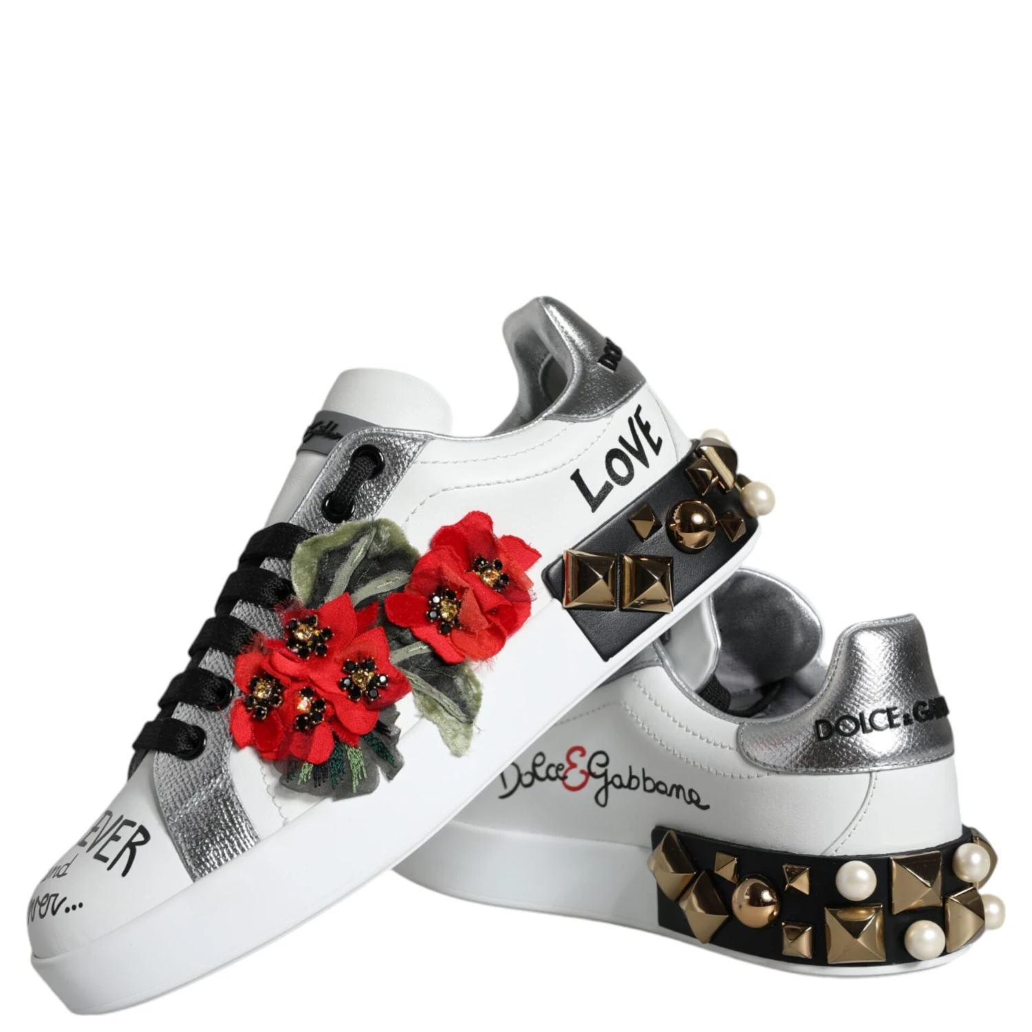 White Leather Floral Studded Sneakers Shoes