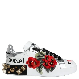 White Leather Floral Studded Sneakers Shoes