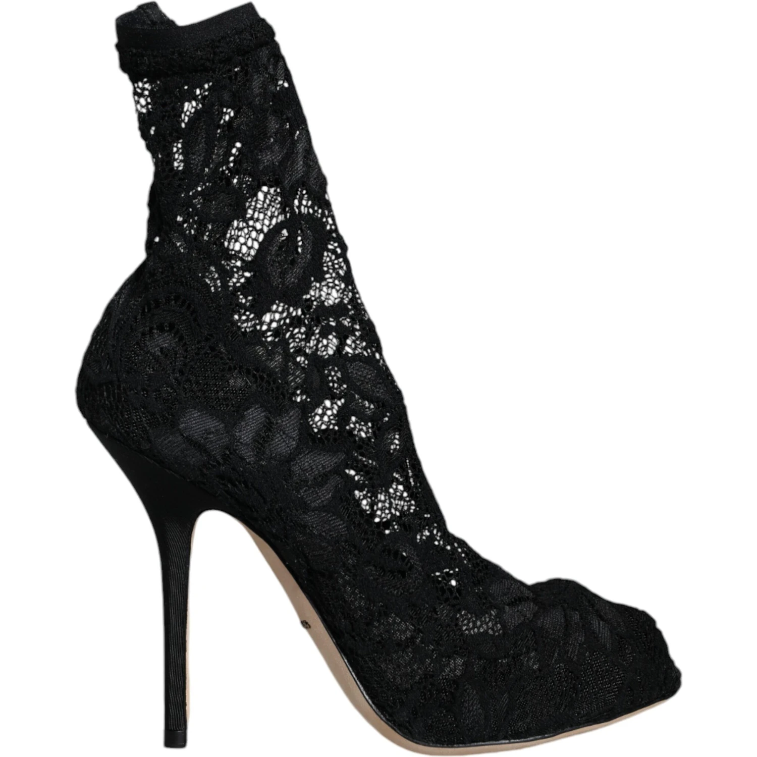 Black Lace Stretch Heels Mid Calf Boot Shoes
