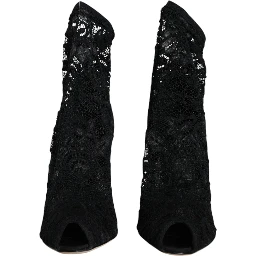 Black Lace Stretch Heels Mid Calf Boot Shoes