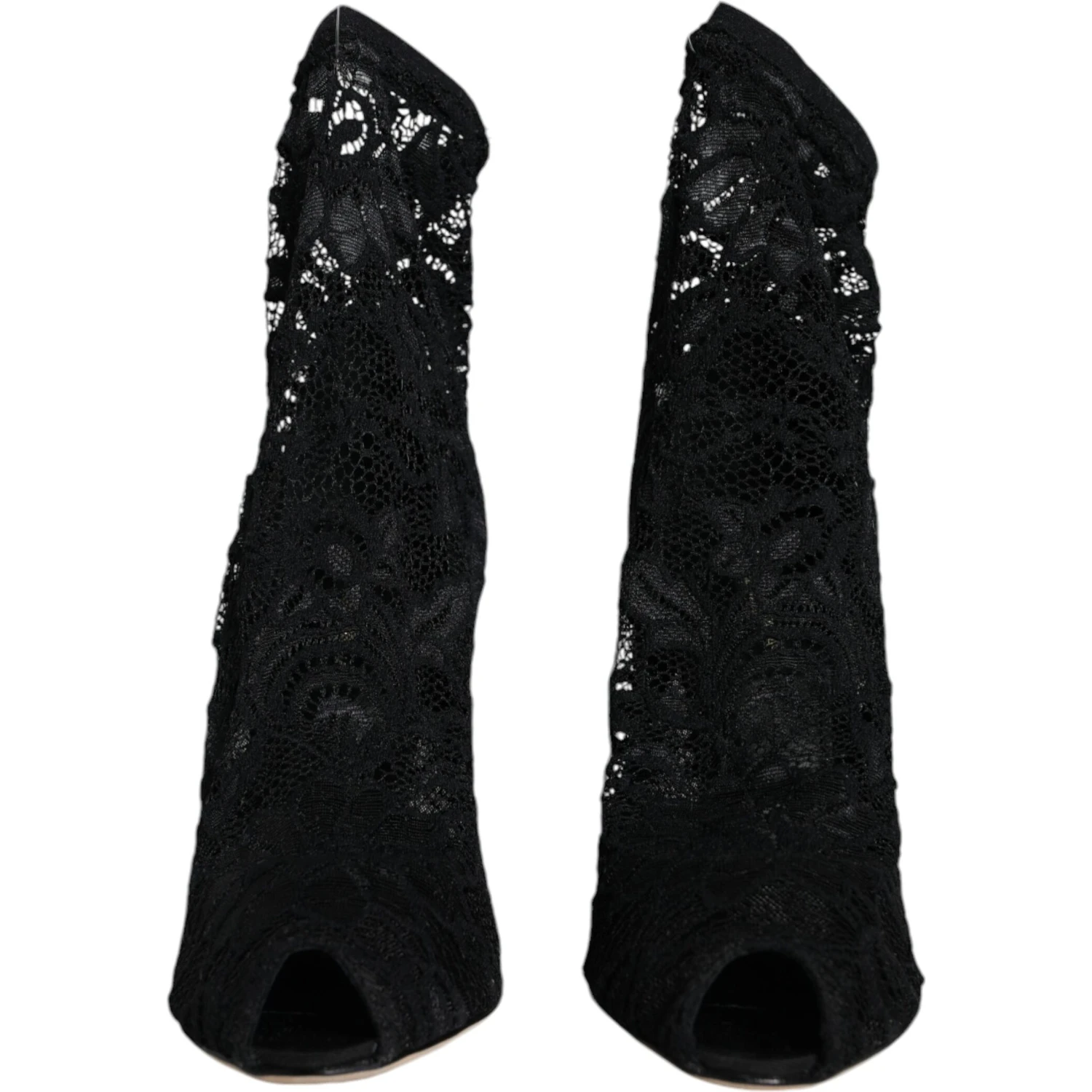 Black Lace Stretch Heels Mid Calf Boot Shoes
