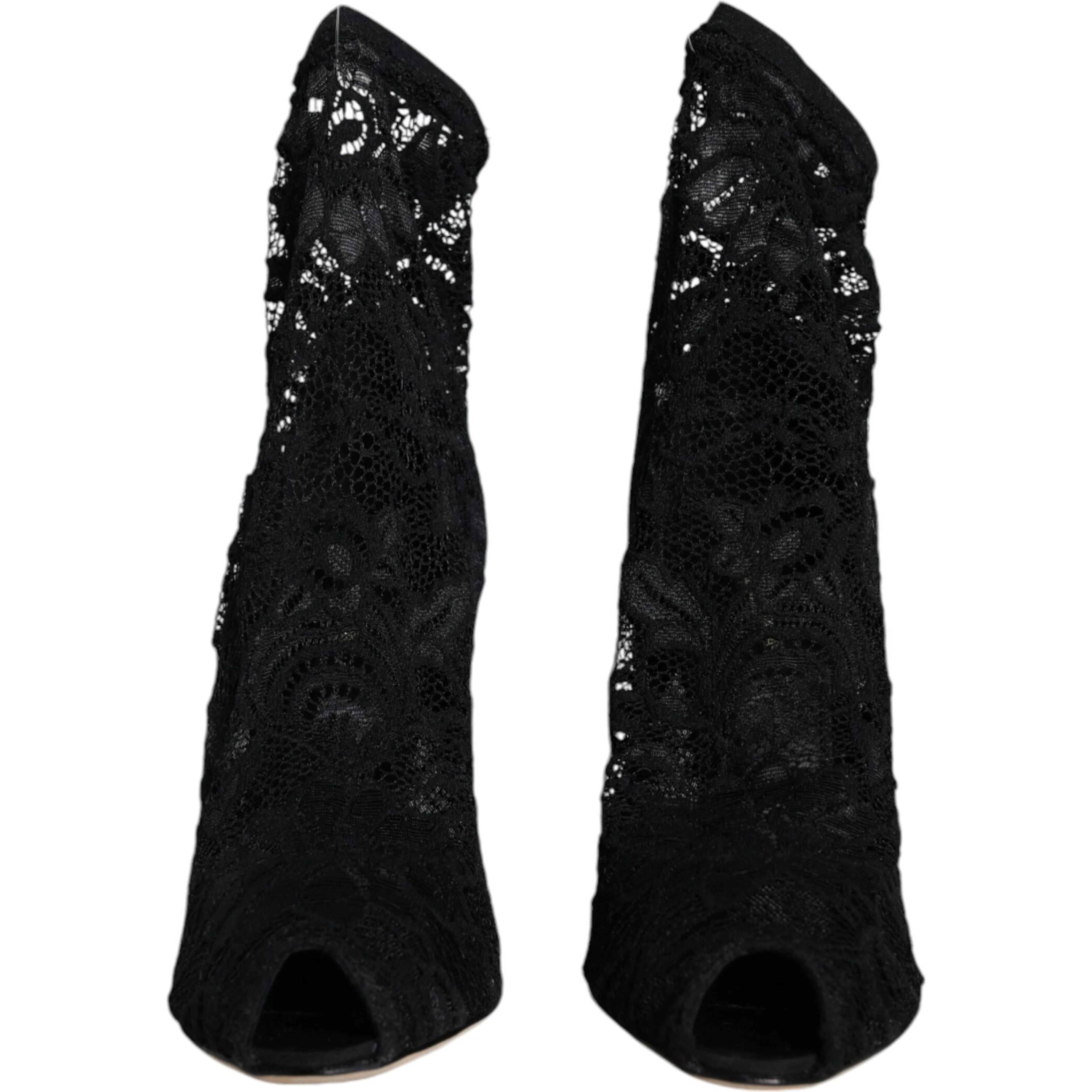 Black Lace Stretch Heels Mid Calf Boot Shoes