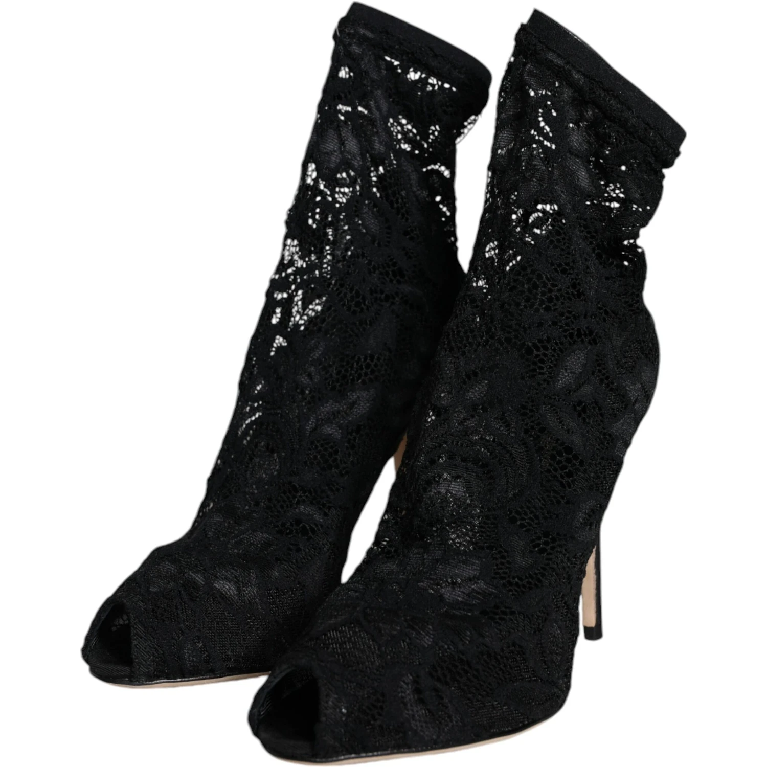Black Lace Stretch Heels Mid Calf Boot Shoes