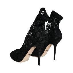 Black Lace Stretch Heels Mid Calf Boot Shoes