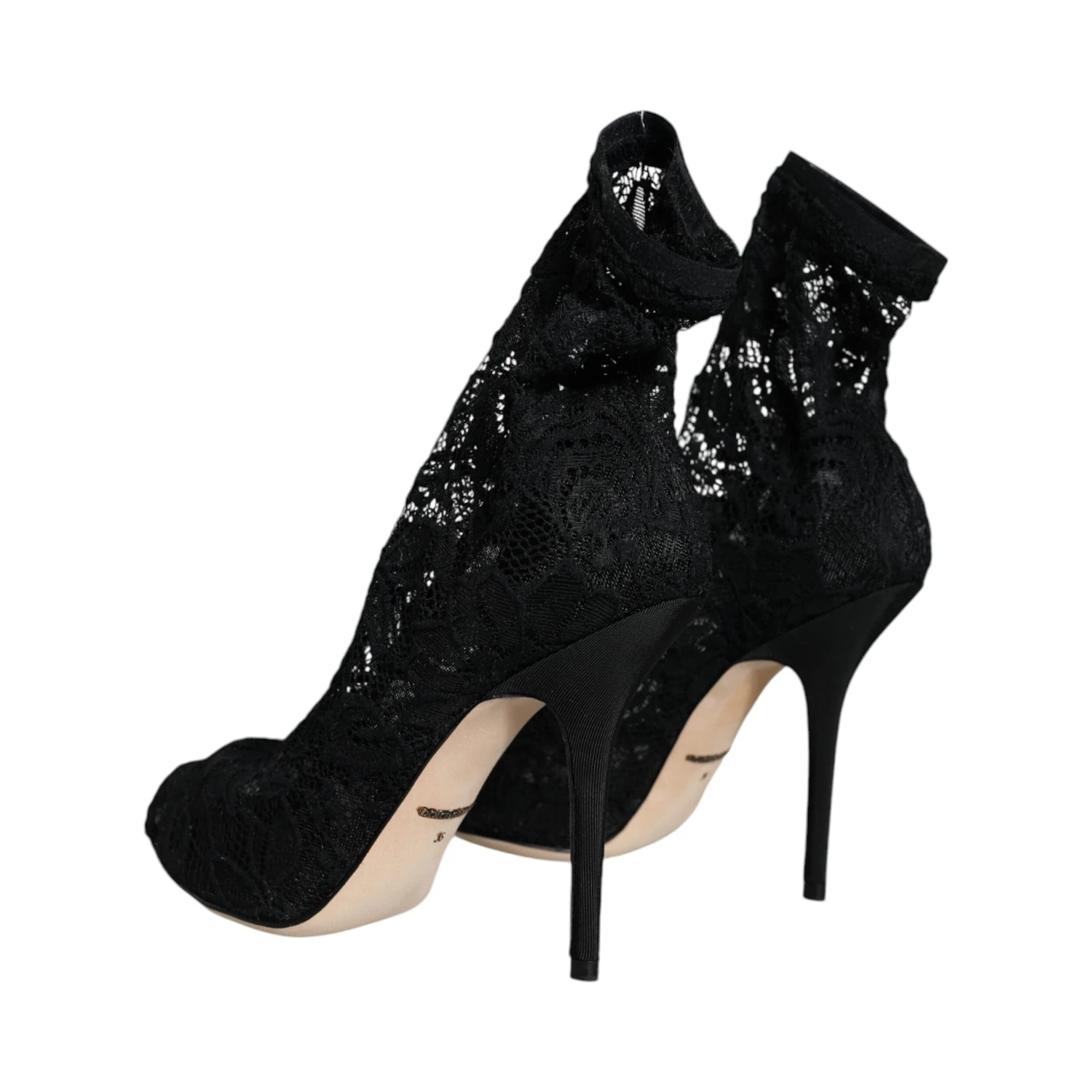 Black Lace Stretch Heels Mid Calf Boot Shoes