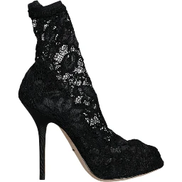 Black Lace Stretch Heels Mid Calf Boot Shoes