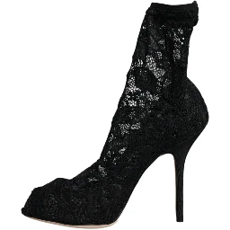 Black Lace Stretch Heels Mid Calf Boot Shoes