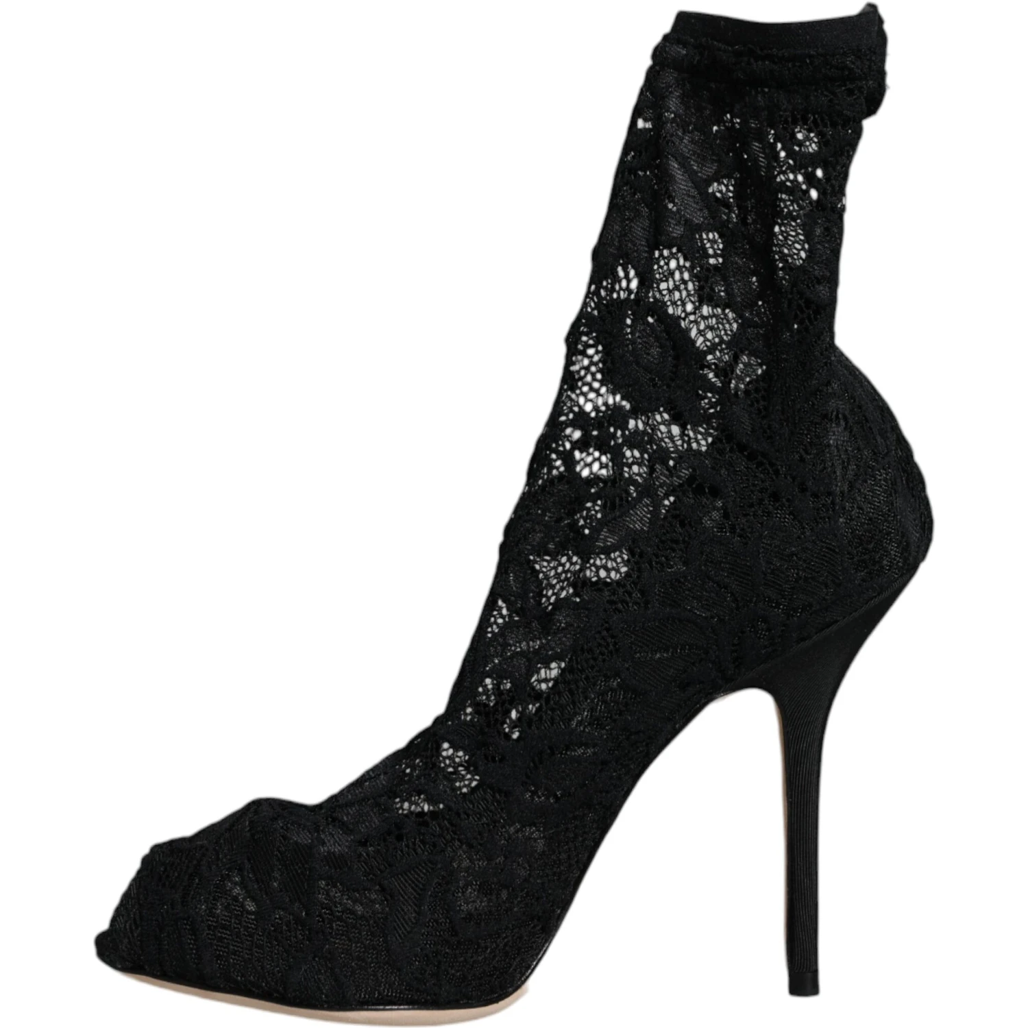 Black Lace Stretch Heels Mid Calf Boot Shoes