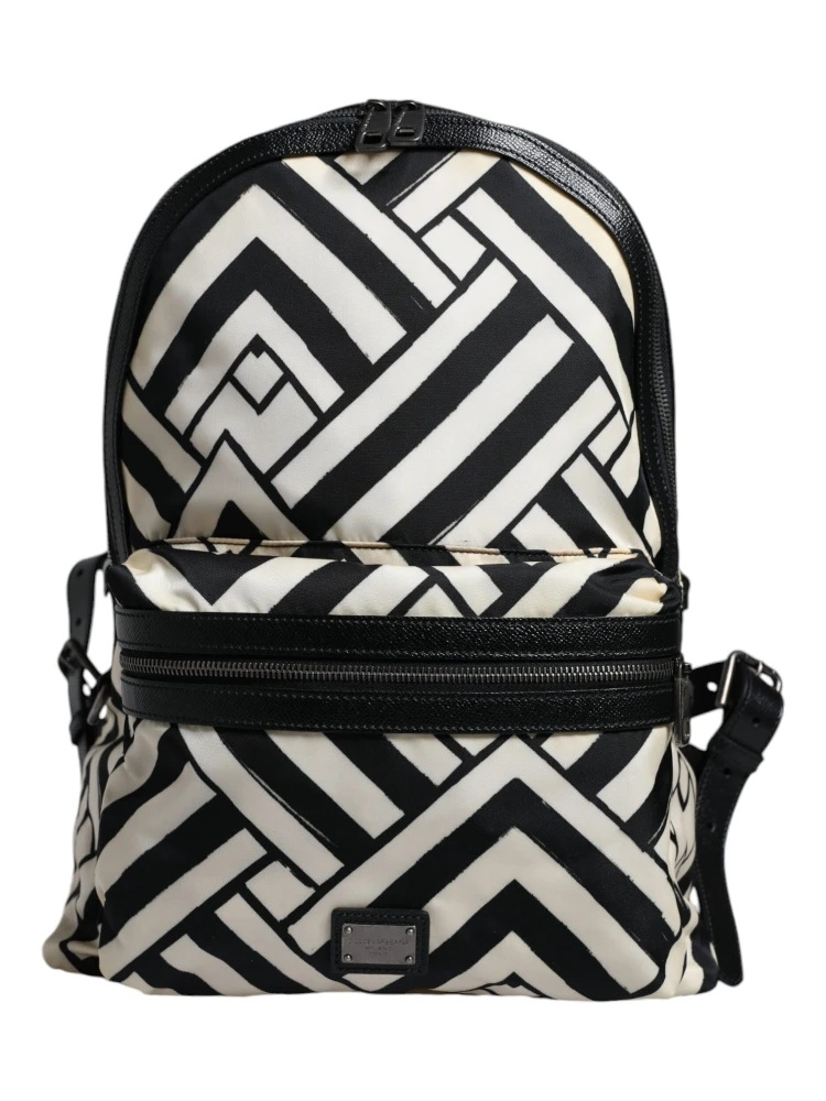 Black White Nylon Leather Travel Back Pack Bag