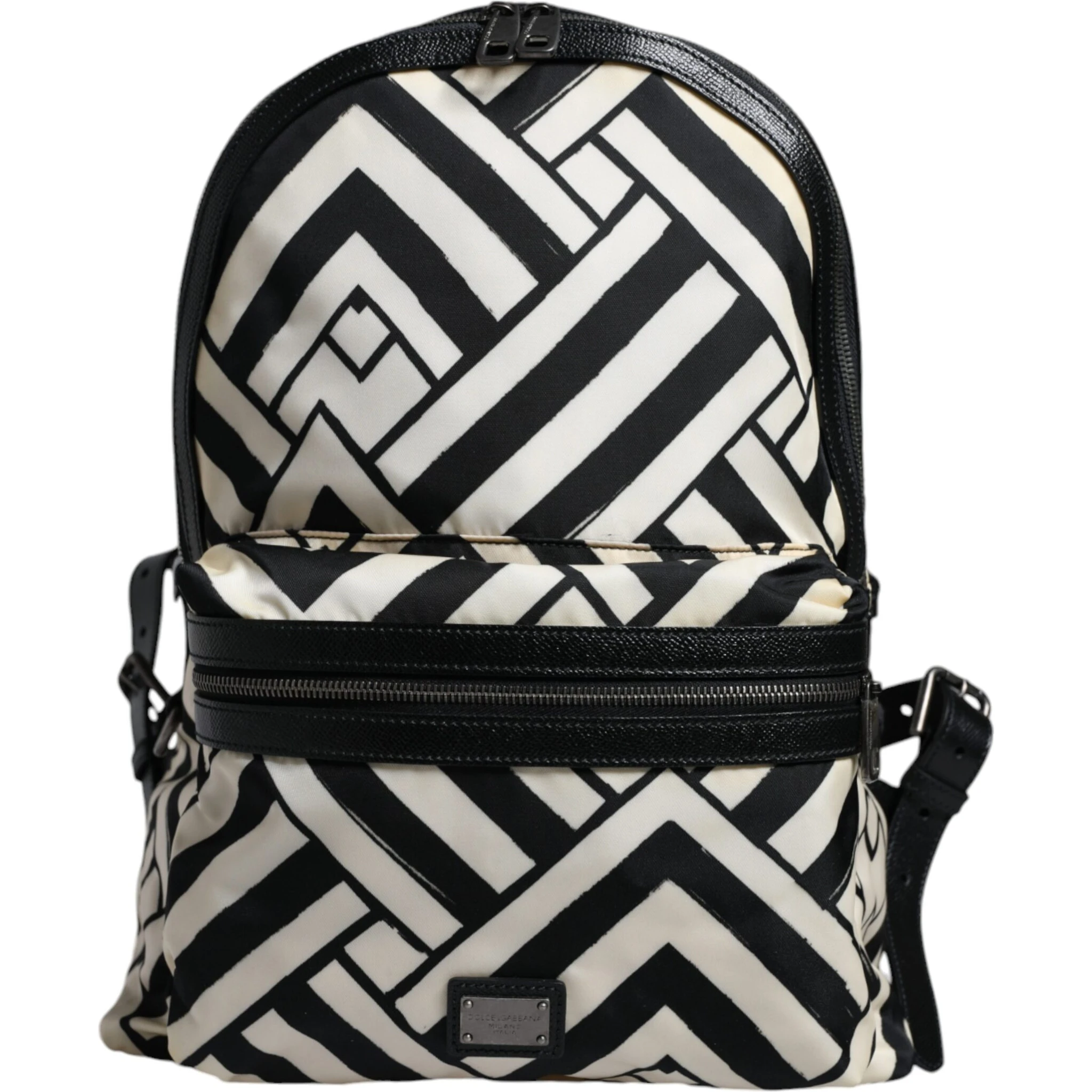 Black White Nylon Leather Travel Back Pack Bag
