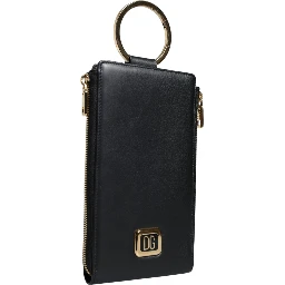 Black Leather Logo Plaque Neck Strap Card Coin Wallet